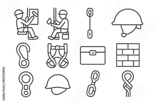 Set of line icons for industrial rope access and climbing safety gear