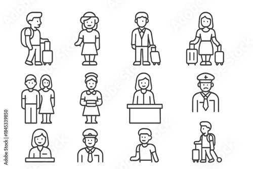 Line icons representing various travel and hospitality professions for airport or hotel staff