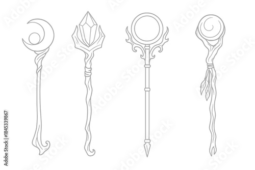 Fantasy magic staff outlines featuring crystal and moon symbols