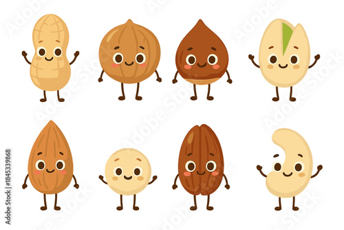 Assortment of happy cartoon nuts with expressive faces and small limbs