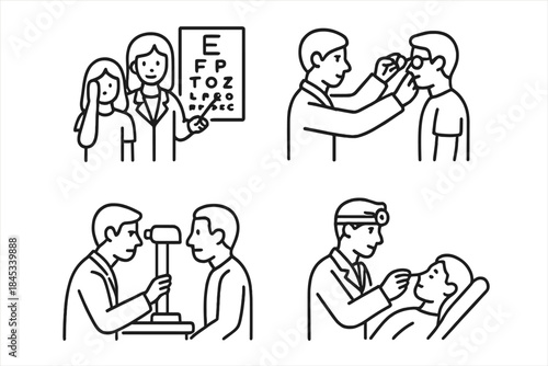 Medical icons showing eye examination and doctor patient checkup scenes