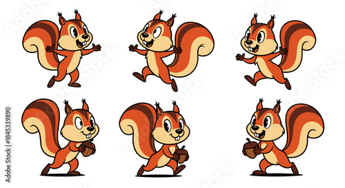Cute Cartoon Squirrel Character Set with Multiple Poses and Actions.