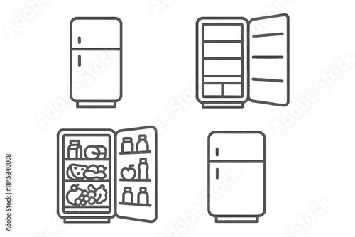 Four refrigerator icons showing closed and open states with food items inside