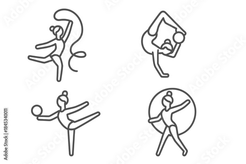 Female Athletes Performing Rhythmic Gymnastics Poses with Ribbon Ball and Hoop