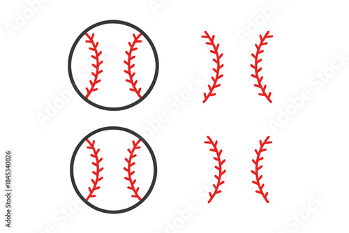 Set of simple baseball icons and detailed stitching graphics