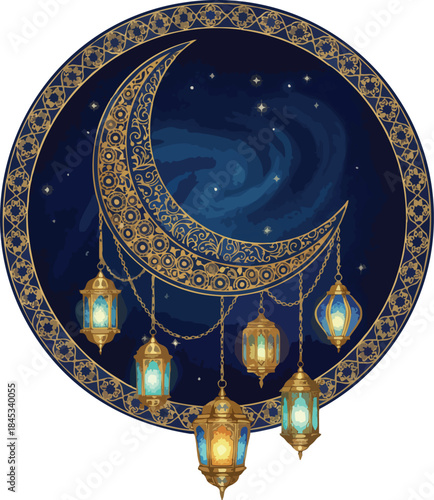 Celestial Adornments: A breathtaking, hand-drawn illustration showcases an ornate crescent moon, intricately adorned with delicate patterns and hanging lanterns. Bathed in the deep blue of night.