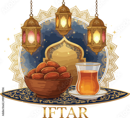 Ramadan Iftar Delight: A beautifully illuminated scene, dates in a wooden bowl, a glass of tea. with a backdrop of ornate lanterns, inviting peace and togetherness during Ramadan, a festival of light.