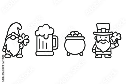 Saint Patrick Day simple line icons featuring gnome beer mug and gold coins