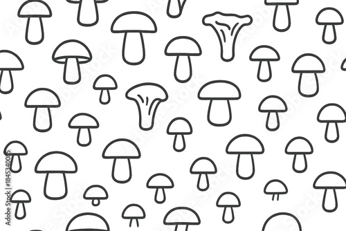 Seamless pattern of various outline mushrooms on white background