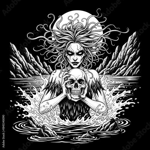 Gothic Woman Holding Skull Emerging from Water Under Full Moon.