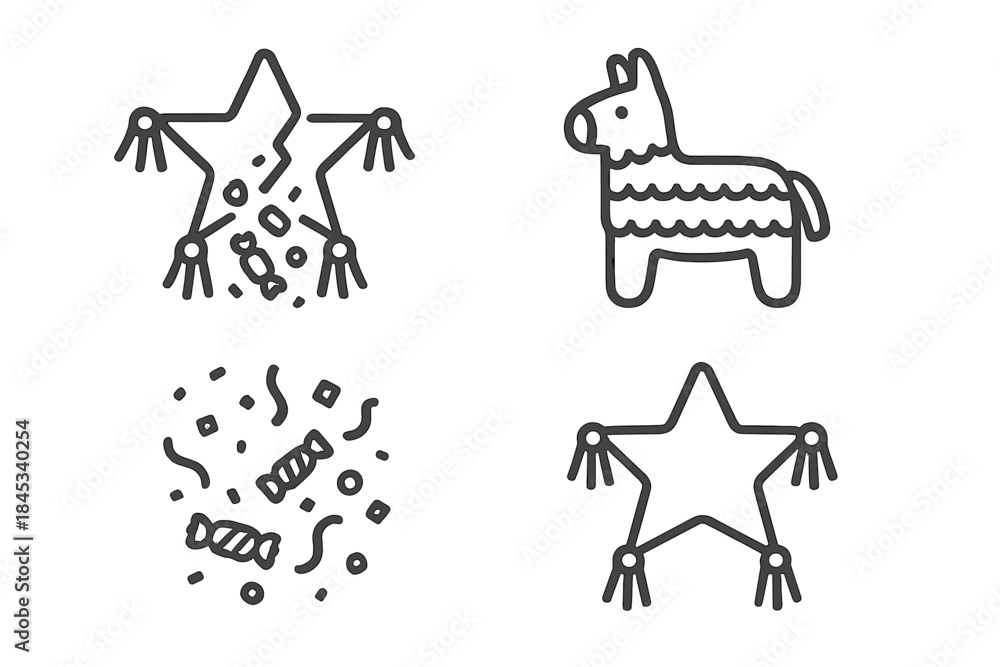 Fototapeta premium Star and donkey pinatas with scattered candy and confetti, festive celebration symbols
