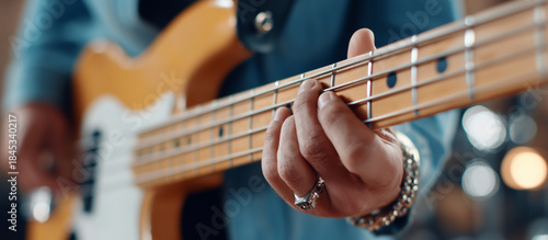 Close up on a musician's hand playing a bass guitar banner.