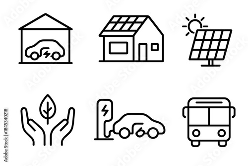 Essential line symbols depicting renewable energy, electric mobility, and environmental sustainability