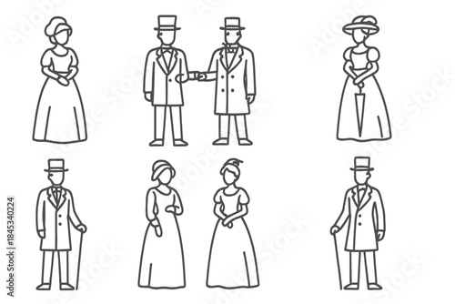 Set of outline icons depicting Victorian era historical men and women in formal attire