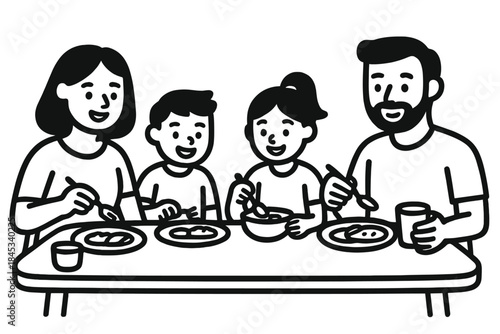 Happy family enjoying a meal together at the dining table in simple monochrome style