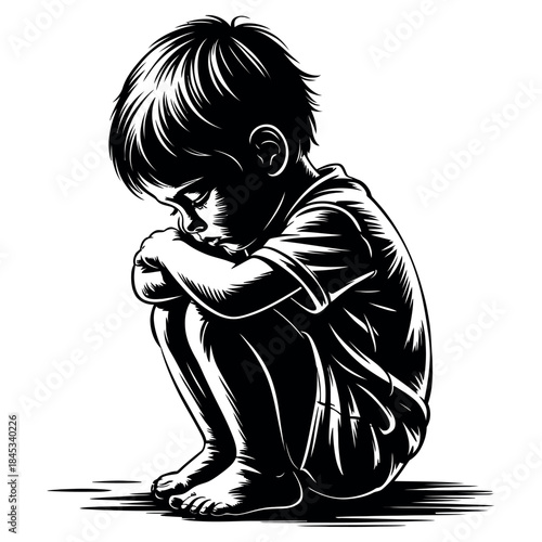 Sad little boy sitting alone, head down, hugging his knees in a moment of deep sadness or contemplation, black and white illustration style