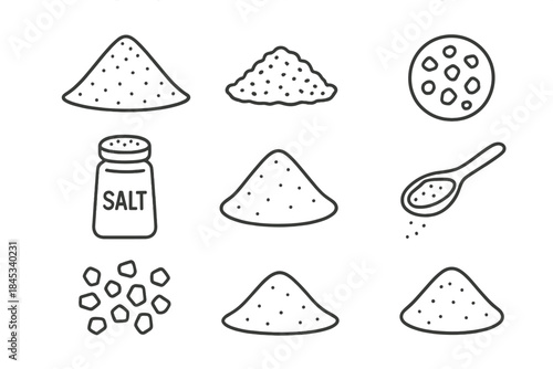 Salt piles, shaker, spoon, and individual seasoning grains in black and white