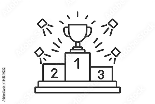 Trophy cup standing on a winner's podium illuminated by spotlights for first place achievement