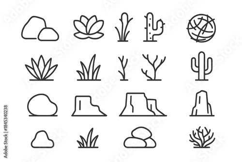 Cacti, succulents, dry shrubs, rocks, and mesa formations representing arid desert landscape elements