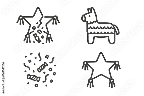 Star and donkey pinatas with scattered candy and confetti, festive celebration symbols