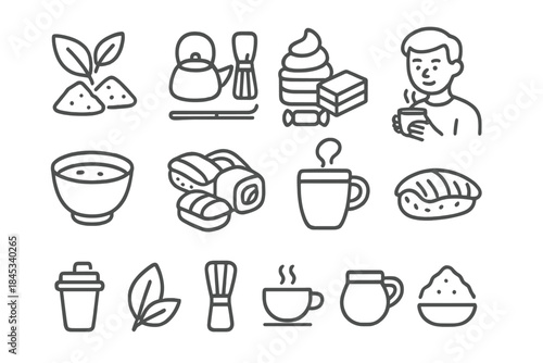 Matcha tea ceremony elements including powder, leaves, whisk, teapot, hot beverages, desserts, and a person drinking