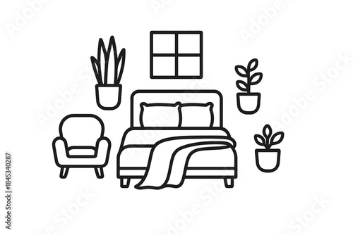 Bedroom interior furniture and houseplant icons set for home decoration concepts
