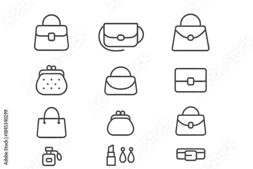 Minimalist outline icons showcasing essential women's fashion accessories and luxury retail products