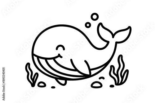 Cute smiling whale swimming underwater among seaweed and bubbles in simple black and white outline