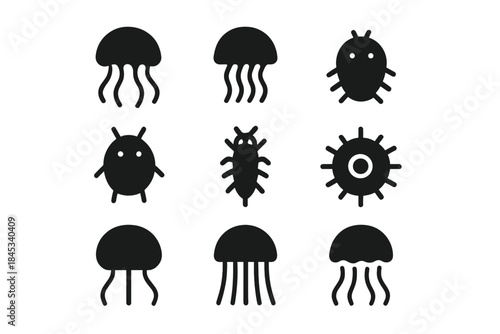 Black silhouette collection of microscopic organisms and small marine life