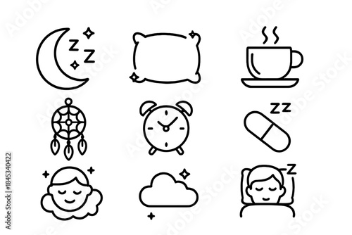 Simple line symbols for sleep, relaxation, bedtime, and morning routine elements