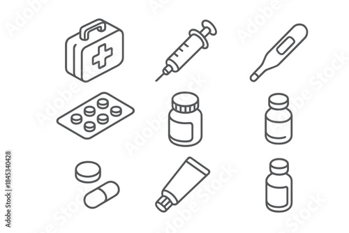 Isometric collection of medical equipment and pharmaceutical supplies items
