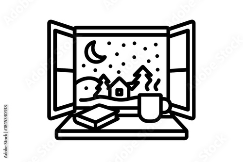 Cozy winter night scene viewed through an open window with a steaming mug and book
