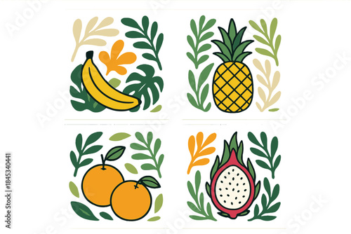 Banana, pineapple, orange, and dragon fruit with abstract tropical foliage
