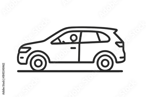 Outline drawing of a modern crossover vehicle with a driver silhouette