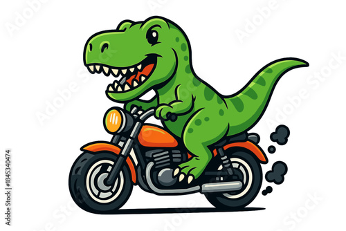 Cheerful green Tyrannosaurus Rex mascot riding an orange chopper motorcycle on white background
