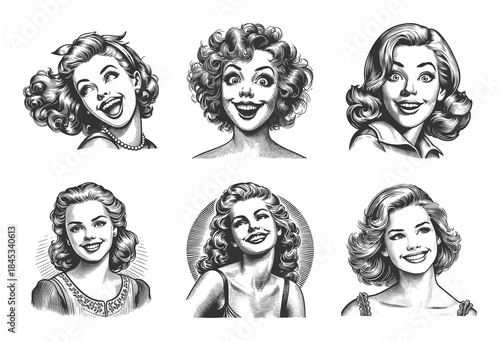 Smiling pin-up women with glamorous hairstyle and bright expressions charm and joy Set collection bundle sketch engraving generative ai vector illustration. Scratch board imitation. Black and white.