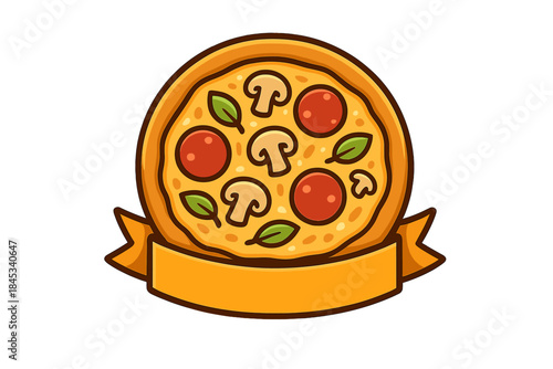 Whole round pizza with pepperoni and mushroom toppings resting on a blank orange ribbon template