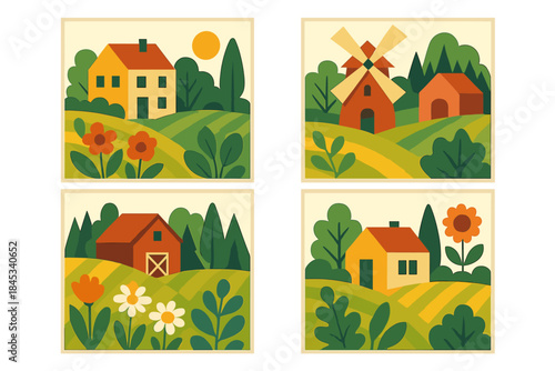 Idyllic rural landscape scene with houses, red barn, and windmill on rolling green hills