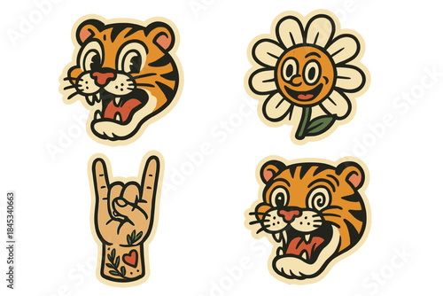Retro cartoon sticker set featuring roaring tigers, smiling daisy, and rock hand sign