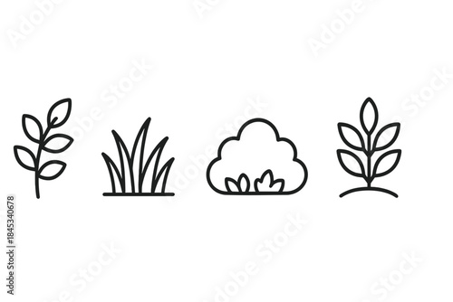 Minimalist black line icons representing natural elements foliage grass and shrubs