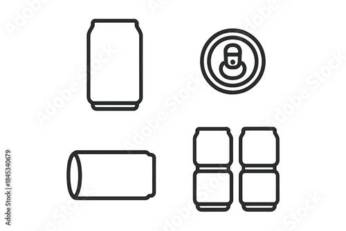 Collection of black outline beverage can packaging views shown from various perspectives