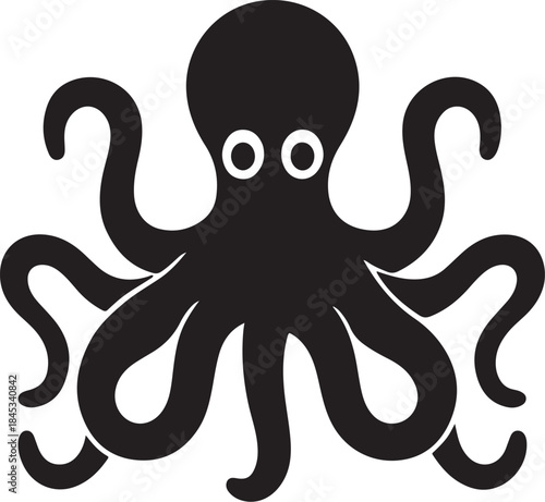 Minimal silhouette style vector octopus logo design featuring clean black shapes, simple flowing line art, modern minimalist sea creature icon ideal for branding, marine businesses, seafood brands, cr