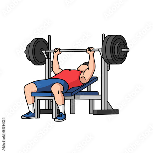 Man Performing Bench Press Exercise with Barbell in Gym.