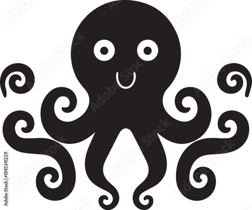 Minimal silhouette style vector octopus logo design featuring clean black shapes, simple flowing line art, modern minimalist sea creature icon ideal for branding, marine businesses, seafood brands, cr