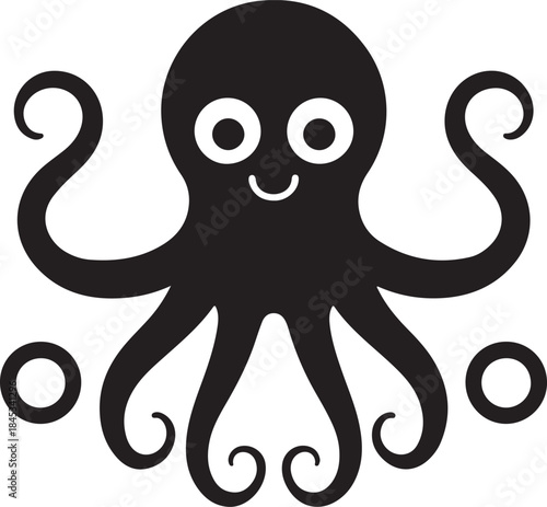 Minimal silhouette style vector octopus logo design featuring clean black shapes, simple flowing line art, modern minimalist sea creature icon ideal for branding, marine businesses, seafood brands, cr