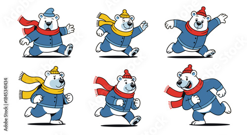 Cute cartoon polar bear running in winter clothes set.