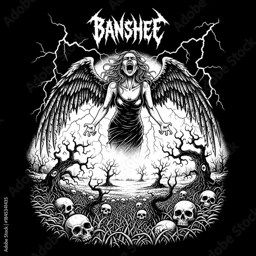 A terrifying banshee with large wings screams in a dark forest.