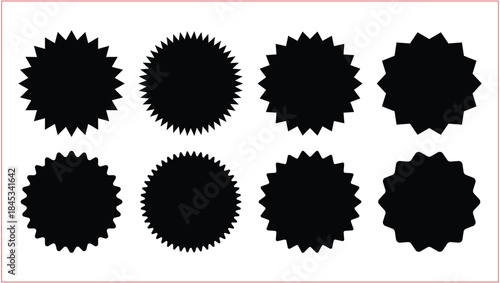 Starburst. Stickers. Sale Price Tags, Retro Sunburst Badges, Discount Labels, Quality Mark Stamp Seals. Set of Black Colour Starburst Stickers on Transparent Background. PNG.