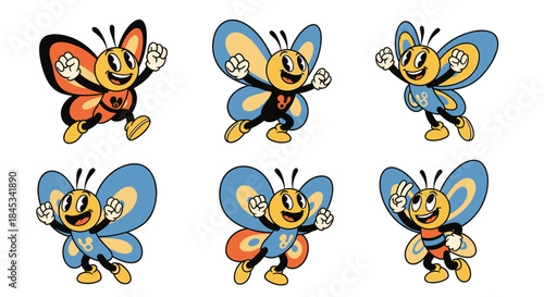 Set of Six Adorable Cartoon Butterflies with Happy Expressions.