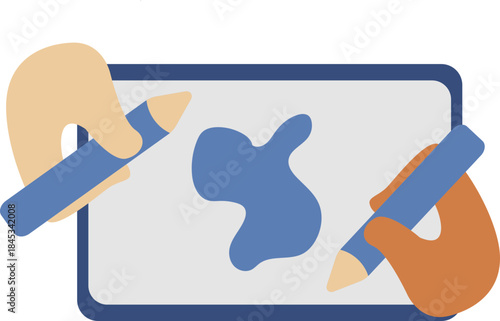 Digital art creation with two hands drawing on a tablet using styluses and blue abstract shapes